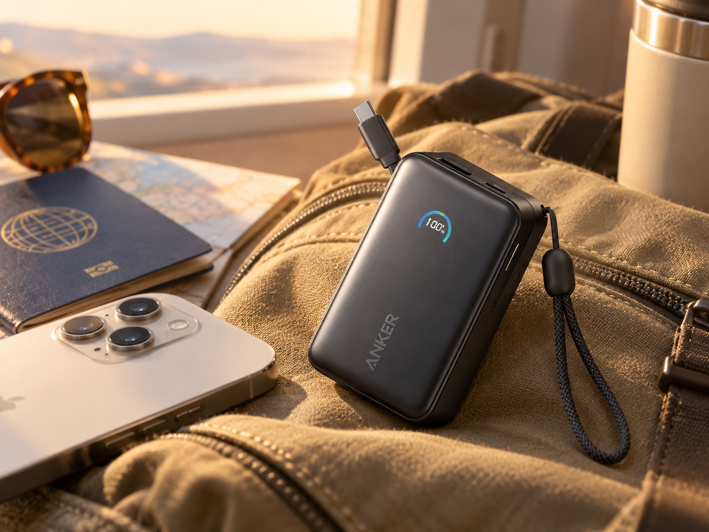 AI-generated image of an Anker Nano power bank in a travel setup