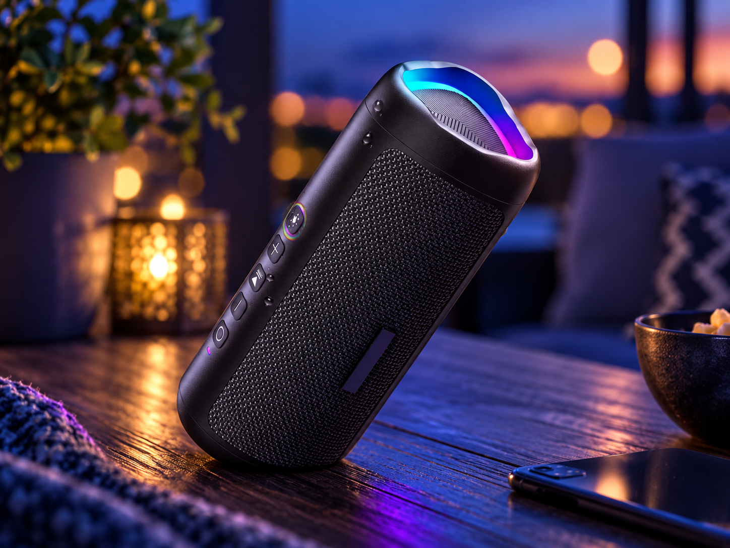 AI-generated image of a portable Bluetooth speaker in an evening setting
