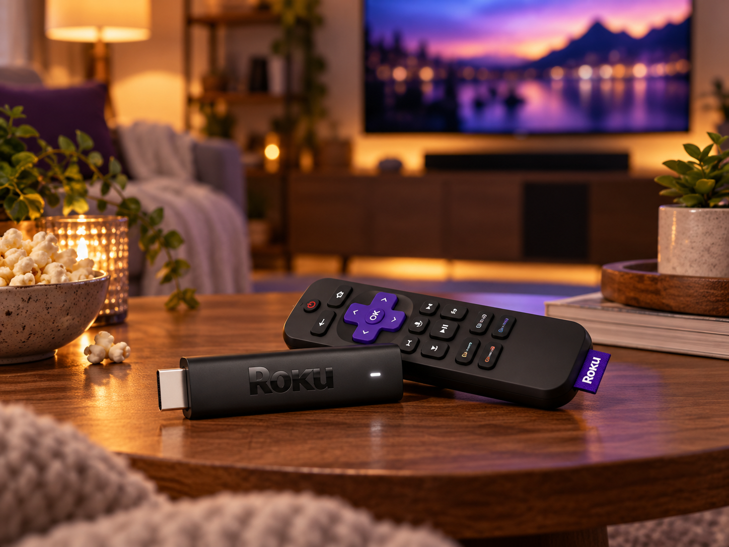 AI-generated image of a Roku Streaming Stick 4K and voice remote in a living room