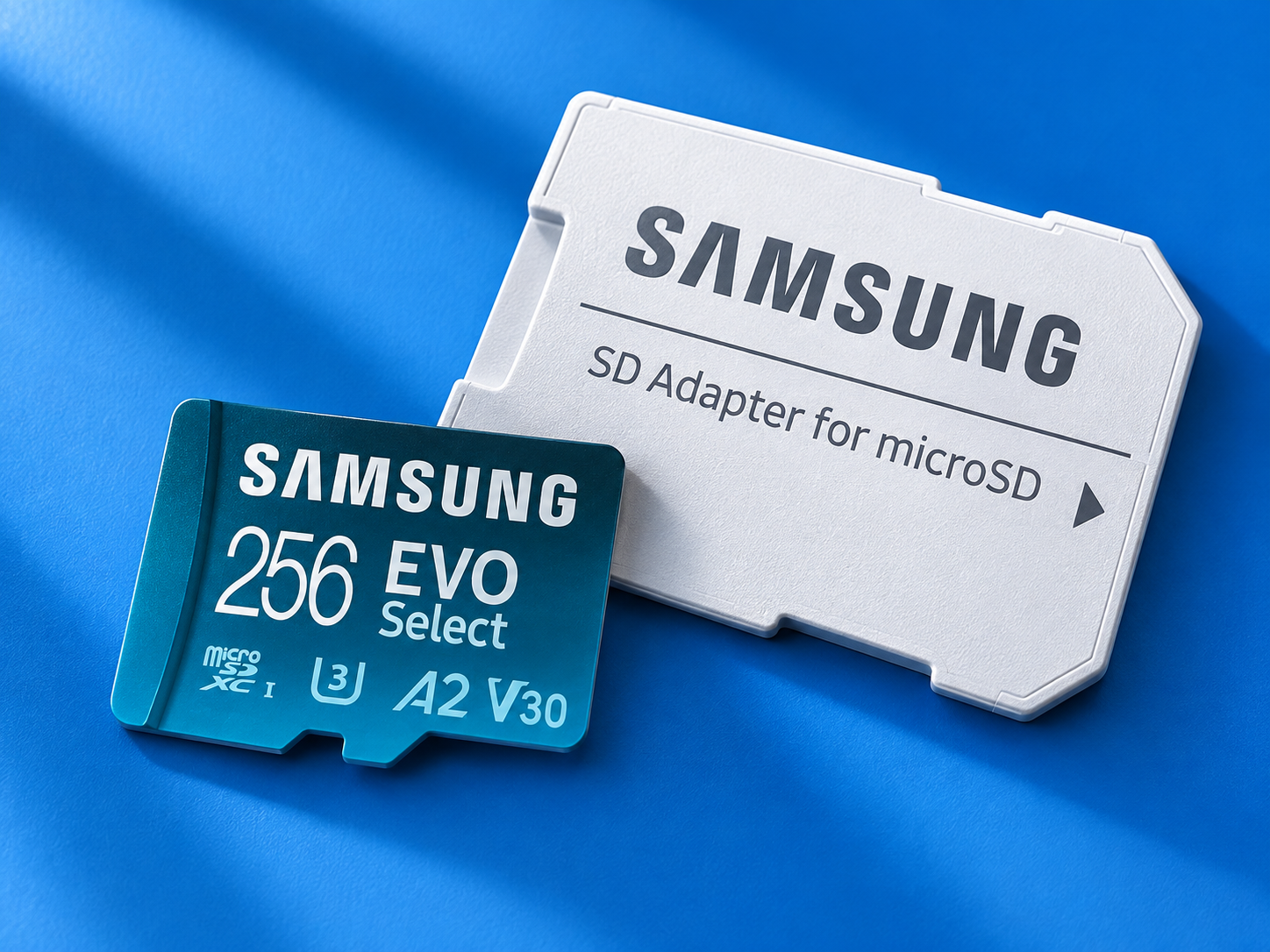 AI-generated image of a Samsung EVO Select 256GB microSD card and SD adapter