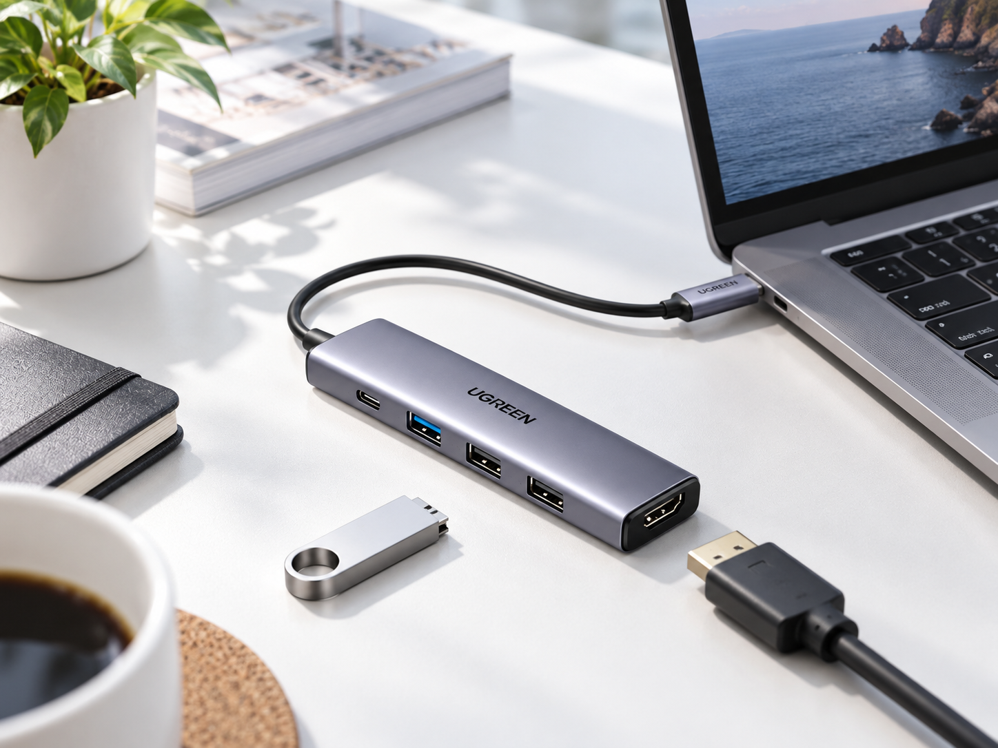 AI-generated image of a UGREEN 5-in-1 USB-C hub connected to a laptop